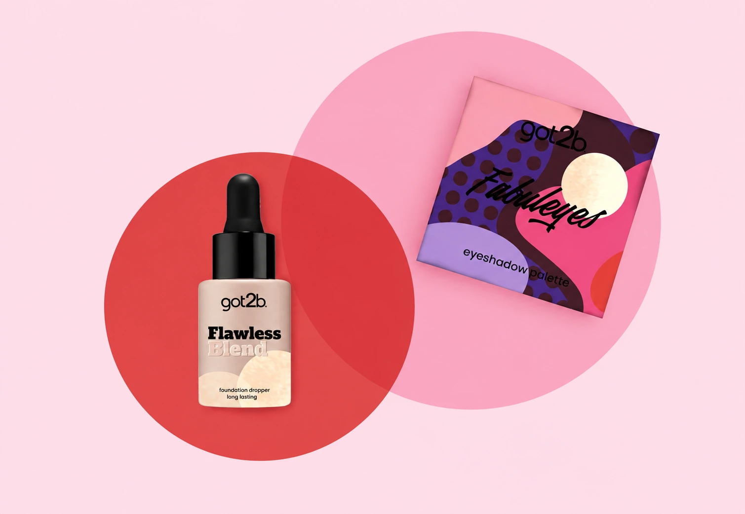 Got2b foundation and eyeshadow packaging on a pink background
